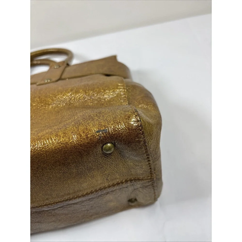 RAFE New York Metallic Gold Leather Handbag Purse Buckle DoubleHandle Retro Chic
